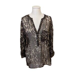Como Black Womens Long Sleeve Blouse Leopard Print Sheer Henley Neckline Sz L